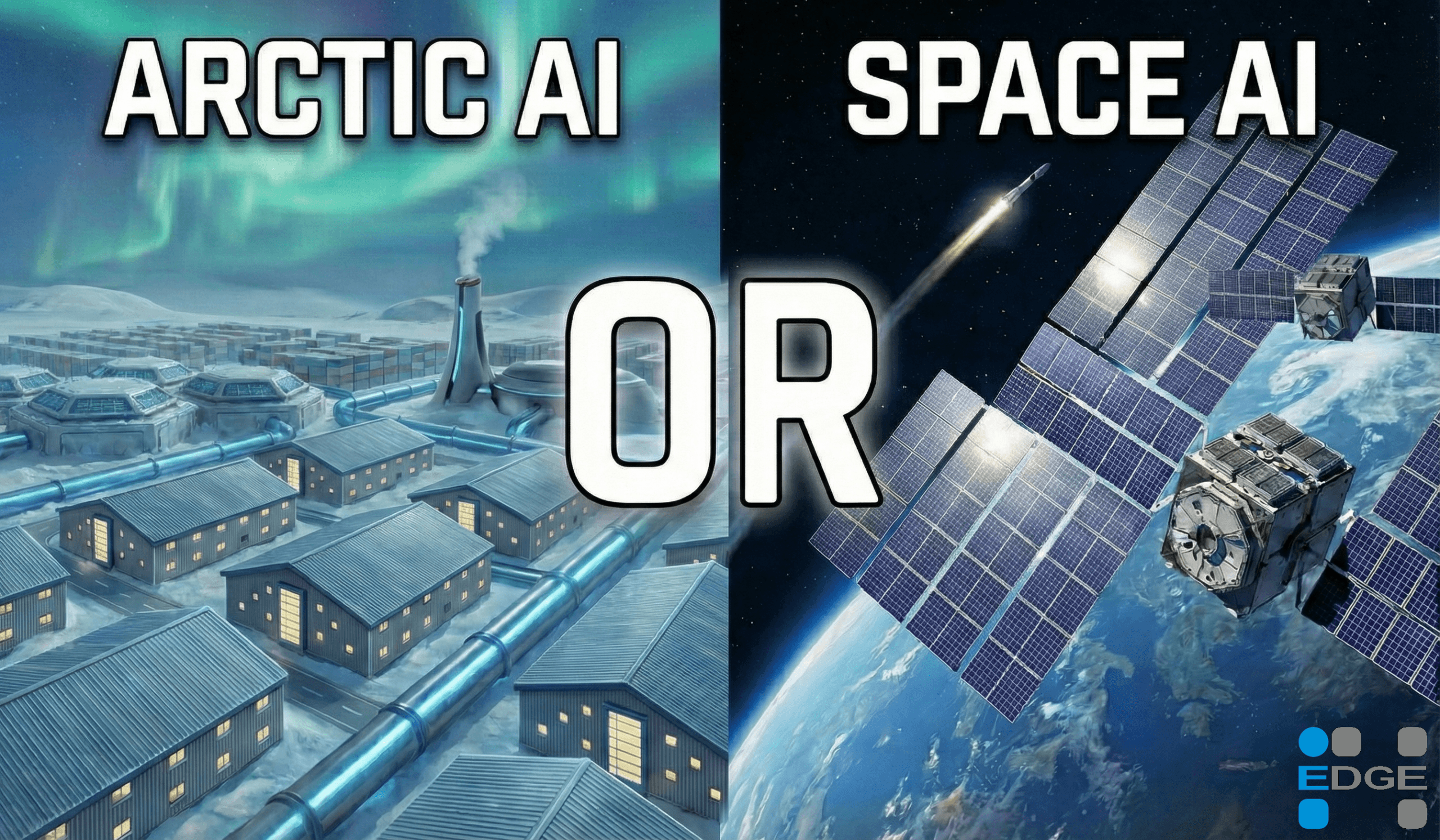 Title image showing arctic buildings on left and satellites on right